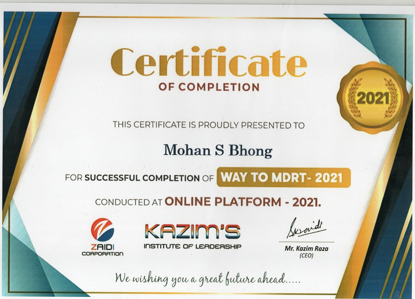 Certificate Of MDRT 2021