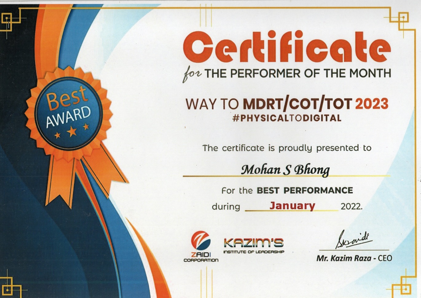 Certificate Of Best Performance