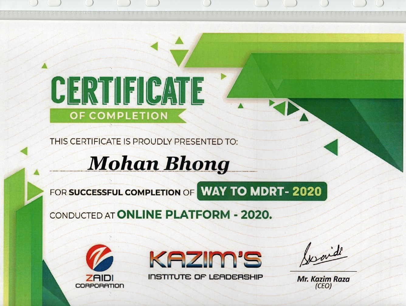 Certificate Of MDRT 2020