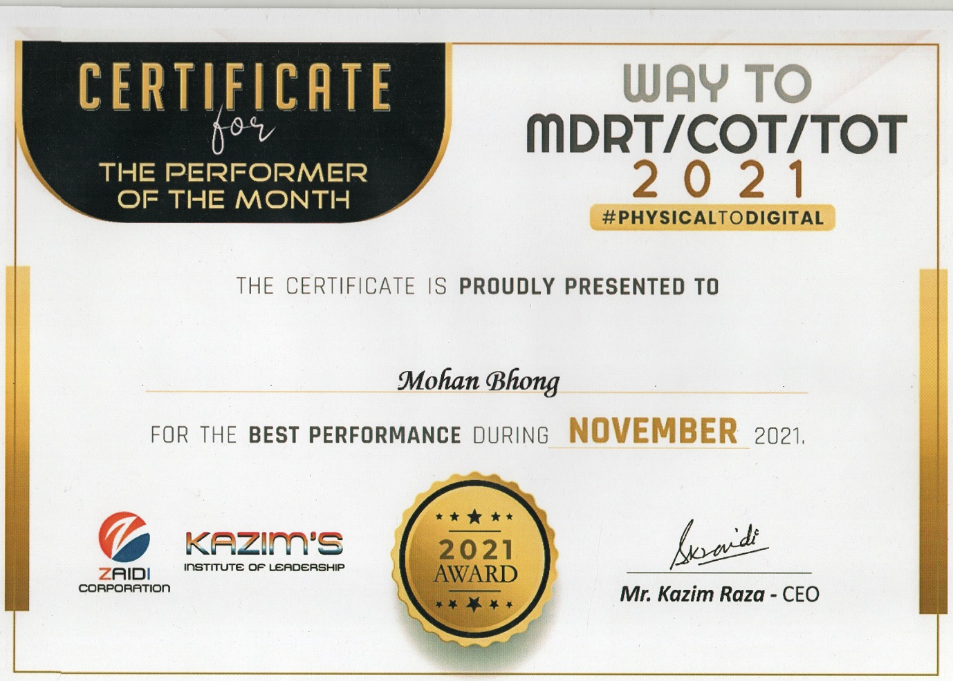 Certificate Of MDRT 2021
