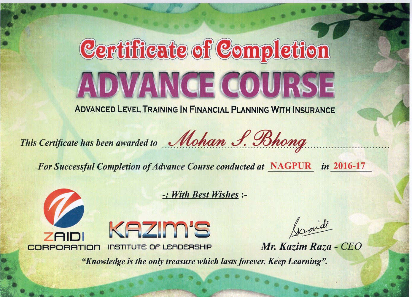 Certificate Of Completion Advance Course