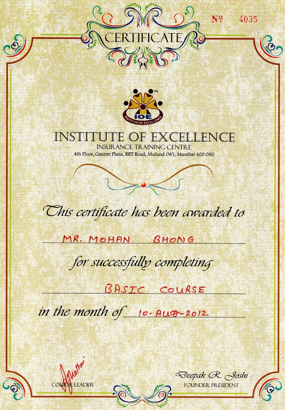 Certificate Of Basic Course